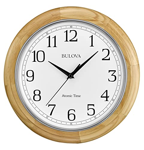 Bulova C5005 Wooden Atomic Analog Wall Clock Automatically Sets Time Large Roman Numerals Battery Operated Traditional Design - Image 1