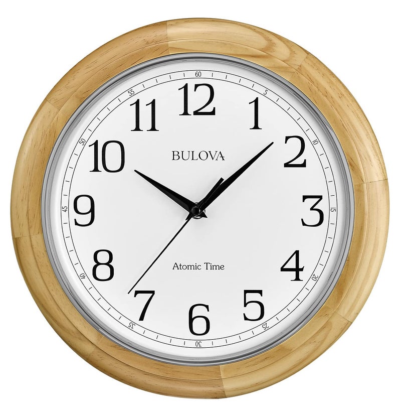 Bulova C5005 Wooden Atomic Analog Wall Clock Automatically Sets Time Large Roman Numerals Battery Operated Traditional Design - Image 2