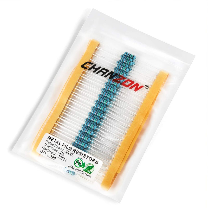 CHANZON 100 قطعة 1/2 واط (0.5 واط) 15K Ω أوم مقاومة فيلم معدني ثابت 0.01 ±1% تحمل 15KR MF مقاومات ثقب مرور معتمدة من روهس - Image 3
