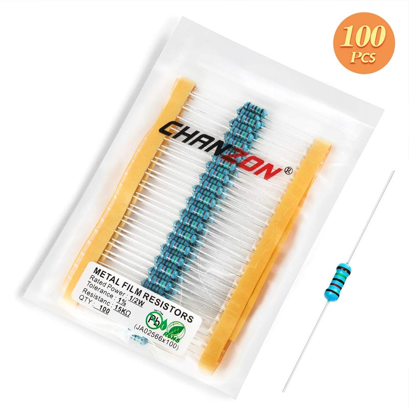 CHANZON 100 قطعة 1/2 واط (0.5 واط) 15K Ω أوم مقاومة فيلم معدني ثابت 0.01 ±1% تحمل 15KR MF مقاومات ثقب مرور معتمدة من روهس - Image 5