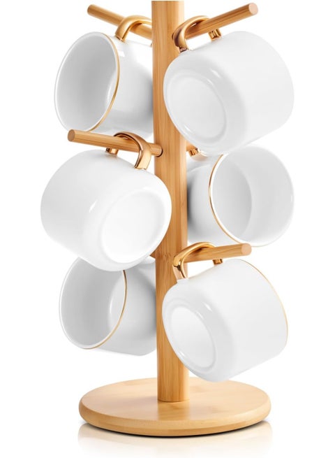Kitcheno Bamboo Cup Tree, Detachable Coffee Cup Holder, 6 Detachable Hooks, Decorative Cup Racks for Coffee Bar Organization