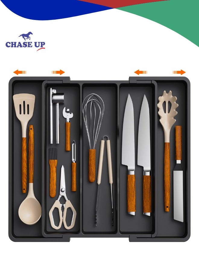 Chase Up Cutlery Tray for Drawers, Large Kitchen Utensil Holder, Expandable to 57cm, Depth 38cm, Drawer Organizer, Plastic Cutlery Holder for Knives/Forks, Black - Image 1
