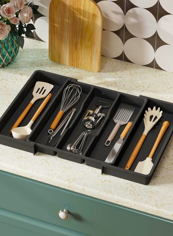 Chase Up Cutlery Tray for Drawers, Large Kitchen Utensil Holder, Expandable to 57cm, Depth 38cm, Drawer Organizer, Plastic Cutlery Holder for Knives/Forks, Black - Image 2