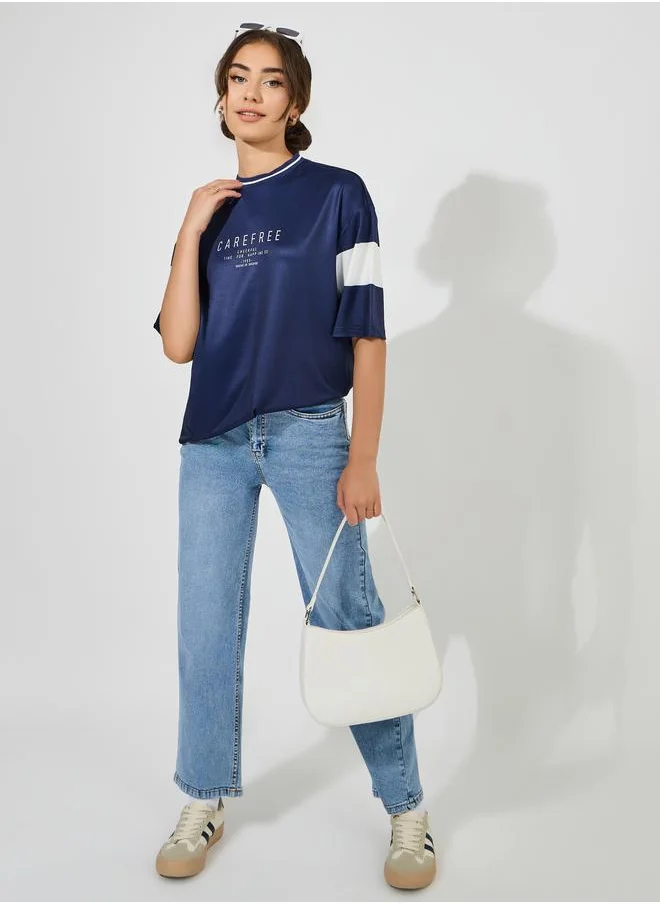 Styli Styli Oversized Slogan Print T-Shirt with Contrast Sleeves