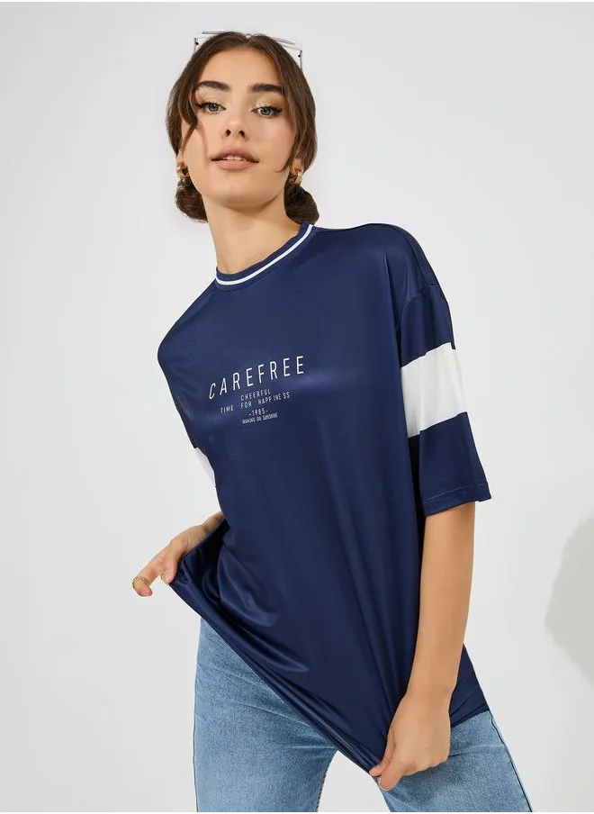 Styli Styli Oversized Slogan Print T-Shirt with Contrast Sleeves