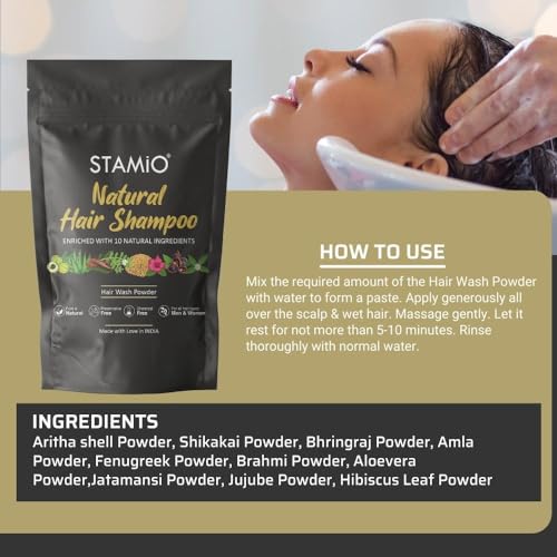 STAMIO Natural Shampoo Dry Powder 750 gm for Herbal Hair Wash, Dandruff | Enriched with Amla Reetha Shikakai Bhringraj Hibiscus Methi Brahmi Jatamansi Jujube and Aloevera Mix | All Hair Types Men & Women | In Pouch 26.46 oz - Image 3