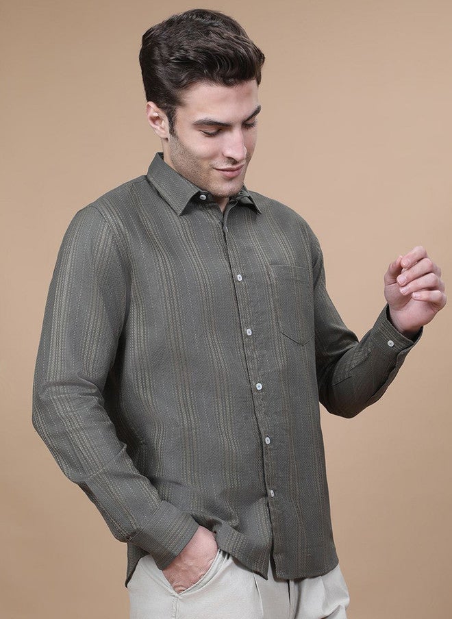 Hence Men Vertical Striped Spread Collar Cotton Casual Shirt - Image 3