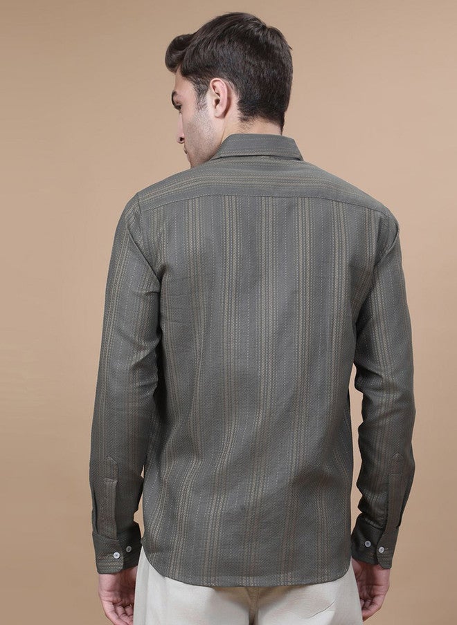 Hence Men Vertical Striped Spread Collar Cotton Casual Shirt - Image 5