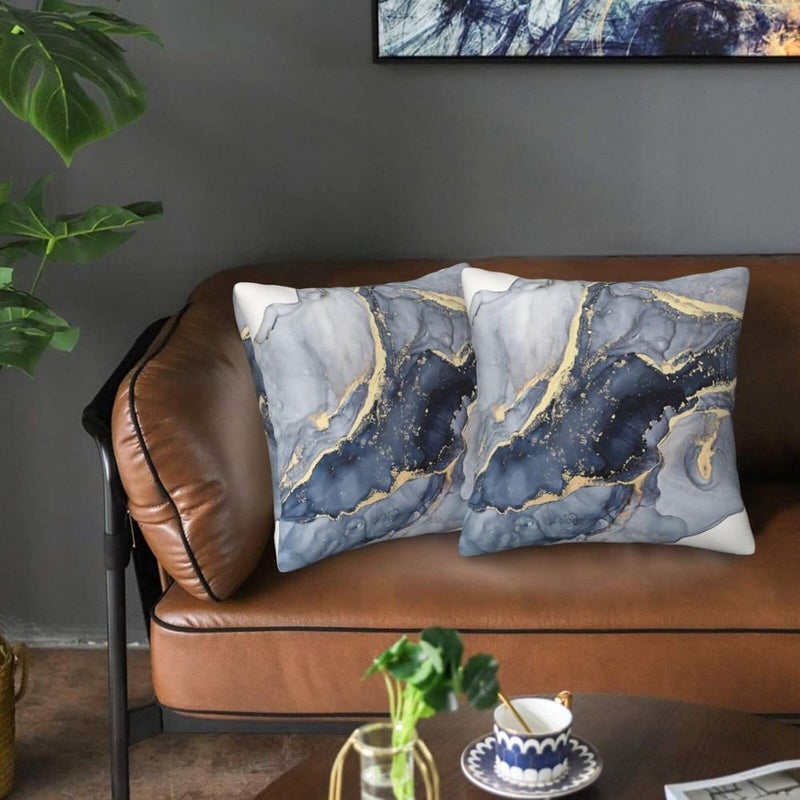 Poream Modern Abstract Marble Blue and Gold Throw Pillow Covers 16x16 in Farmhouse Pillow Case Soft Outdoor Cushion Covers Set of 2 for Sofa Bed Bedroom Car Chair Living Room Home Decorative - Image 4