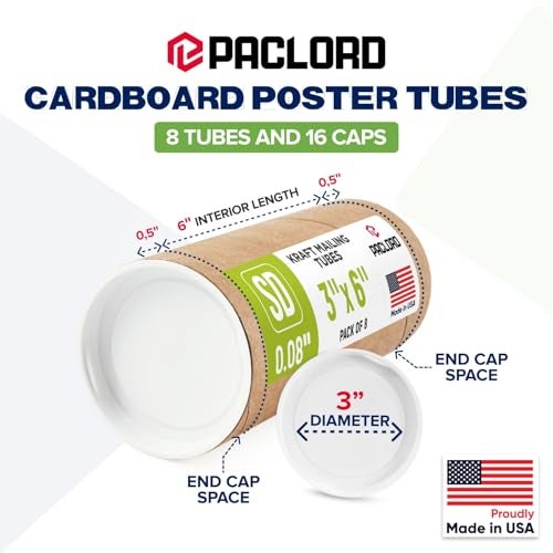Paclord 3" x 6" Reinforced Kraft Paper Mailing Tube, Pack of 8 Tubes with 16 Caps – Secure USPS Approved Poster Tube – Made in USA Cardboard Tube for Shipping and Storing Posters, Prints, Artwork - Image 2