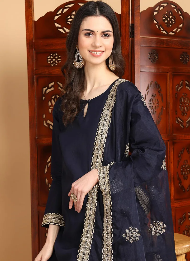 ZERESOUQ Navy Blue Silk Blend Solid Solid Straight Kurta Palazzo With Dupatta