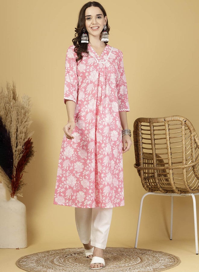 LARGISH Women Floral Printed V-Neck Pure Cotton A-Line Kurta with Trousers - Image 1
