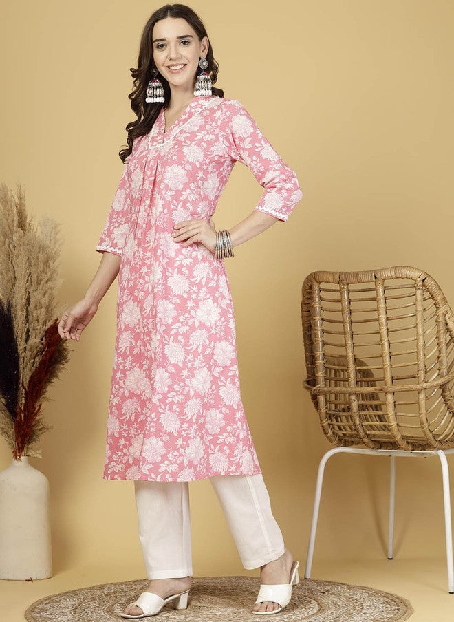 LARGISH Women Floral Printed V-Neck Pure Cotton A-Line Kurta with Trousers - Image 4