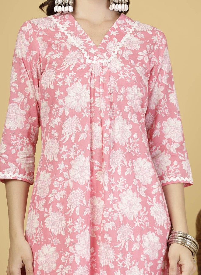 LARGISH Women Floral Printed V-Neck Pure Cotton A-Line Kurta with Trousers - Image 2