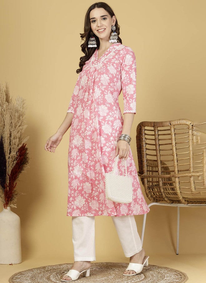 LARGISH Women Floral Printed V-Neck Pure Cotton A-Line Kurta with Trousers - Image 3