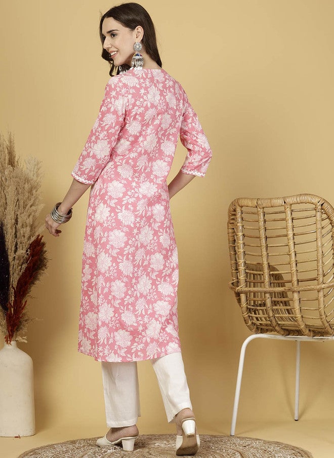 LARGISH Women Floral Printed V-Neck Pure Cotton A-Line Kurta with Trousers - Image 5