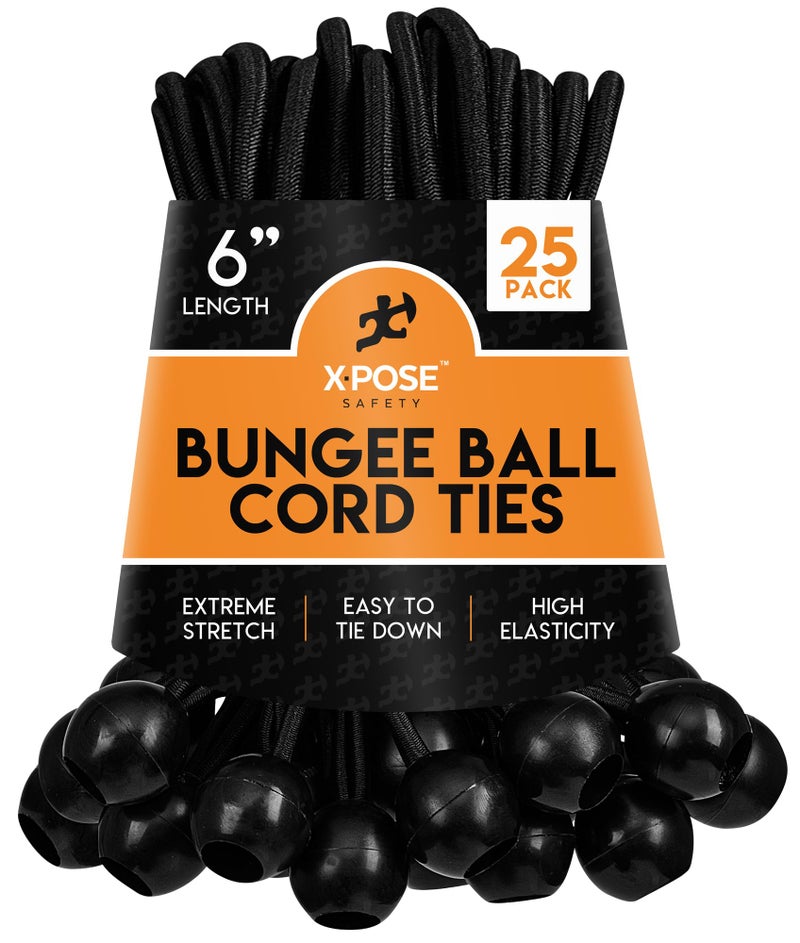 Xpose Safety Bungee Ball Cords 6 25 Pack Heavy Duty Black Stretch Rope with Ball Ties for Canopies Tarps Walls Cable Organization