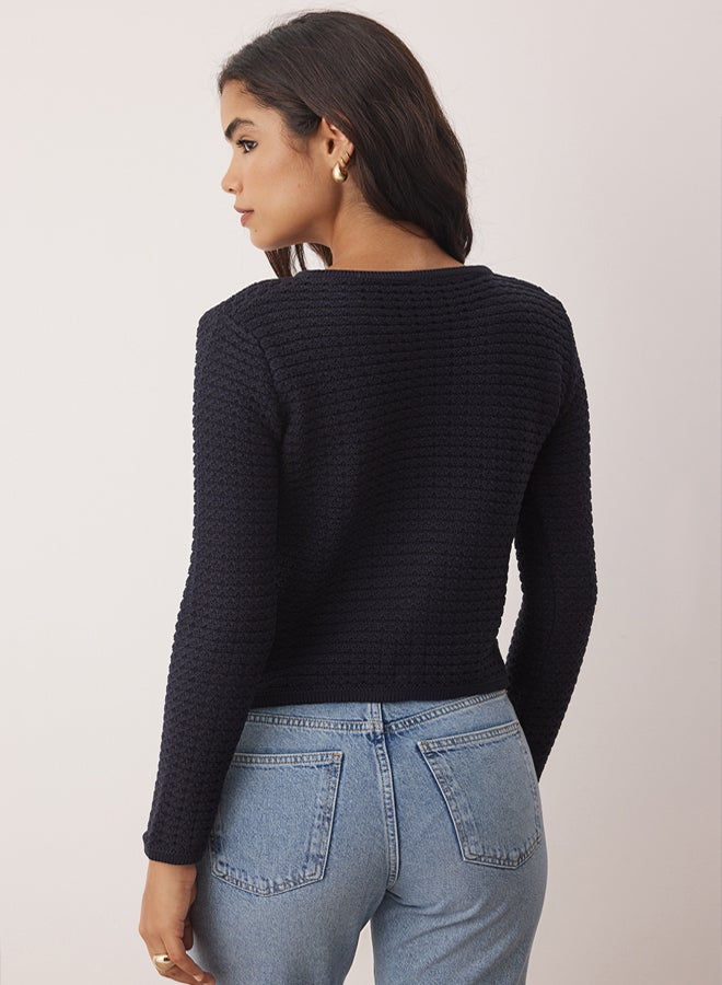 trendyol Navy Blue Textured Cotton Look Knitwear Cardigan - Image 4