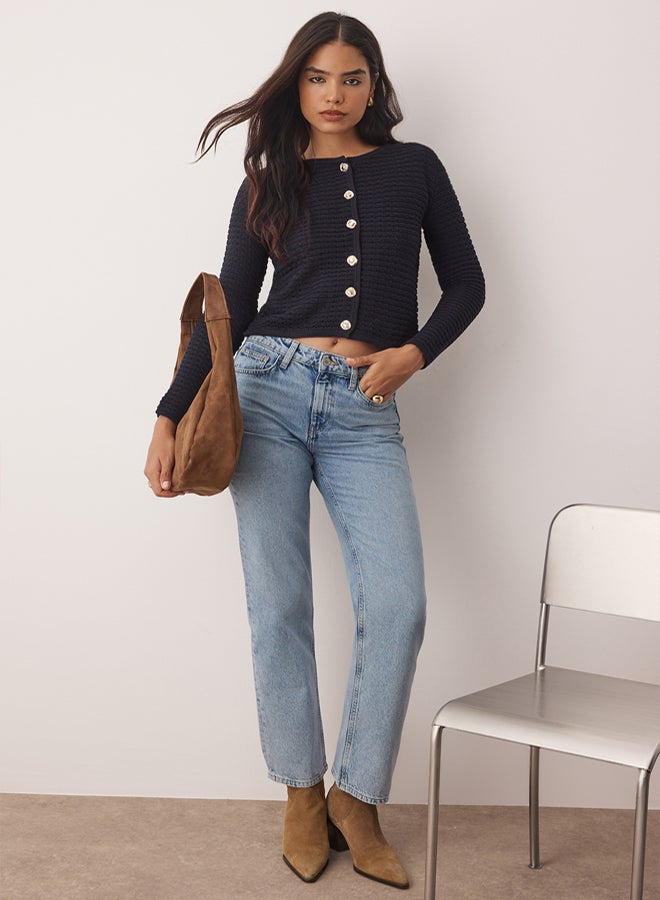 trendyol Navy Blue Textured Cotton Look Knitwear Cardigan - Image 2