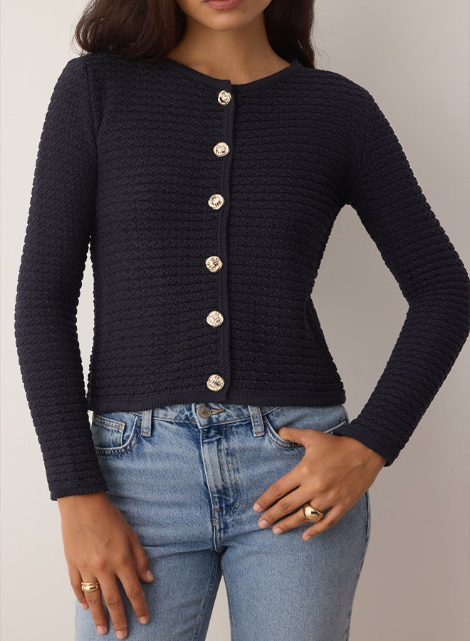 trendyol Navy Blue Textured Cotton Look Knitwear Cardigan - Image 3