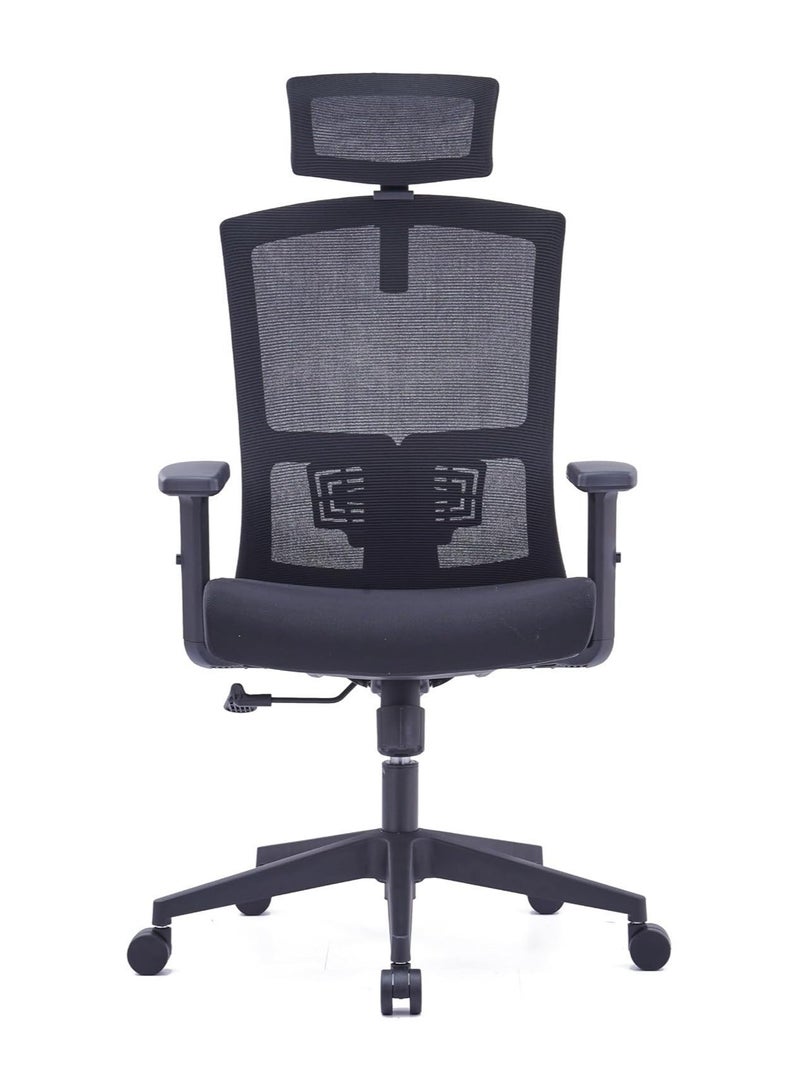 Kaliber Tasklite High Back Office Chair -  Black Mesh Back & Upholstered Fabric Seat, Adjustable Headrest, Lumbar Support, Customizable Armrests, 360° Swivel - Image 1