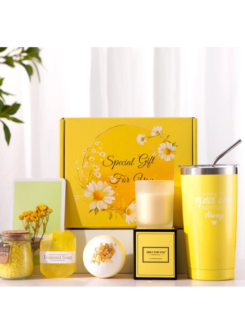 ARNOTEC Sunshine Spa Gift Set for Women, Luxury Relaxation Gift Basket with 20oz Tumbler, Candle, Bath Salts, Soap, Sleep Mask, Shower Cap, Greeting Card & Bracelet, Birthday Mother's Day Anniversary Gifts - Image 3