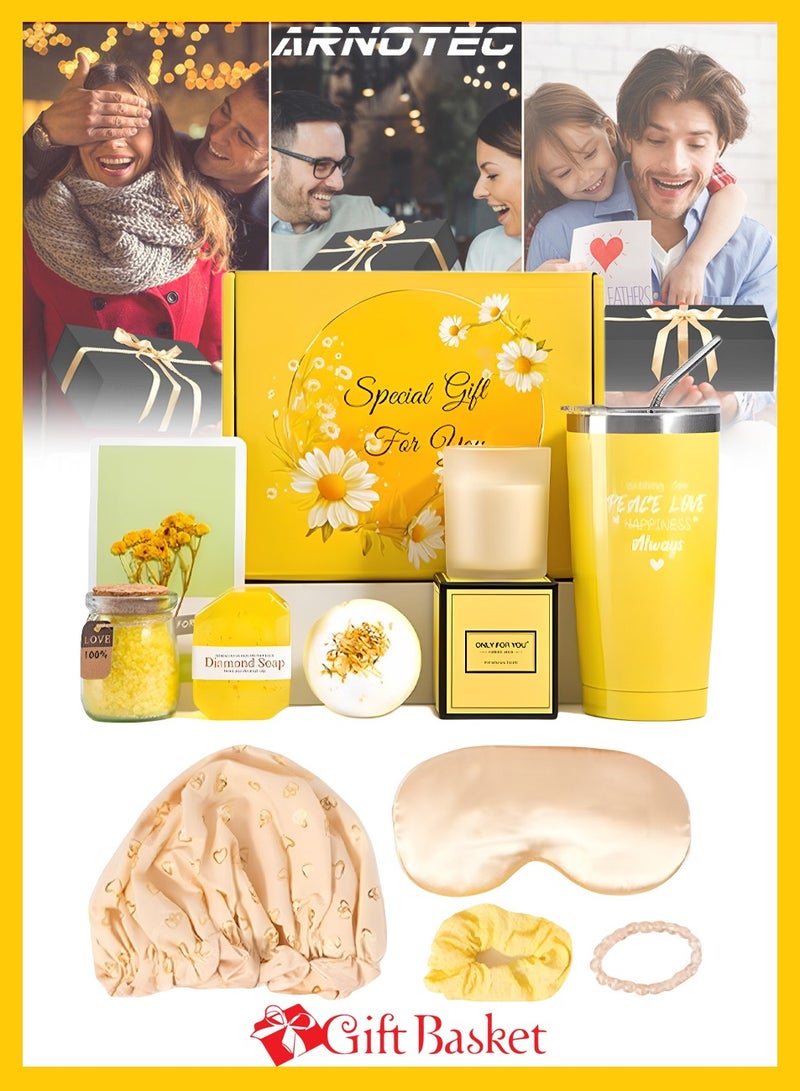 ARNOTEC Sunshine Spa Gift Set for Women, Luxury Relaxation Gift Basket with 20oz Tumbler, Candle, Bath Salts, Soap, Sleep Mask, Shower Cap, Greeting Card & Bracelet, Birthday Mother's Day Anniversary Gifts - Image 2