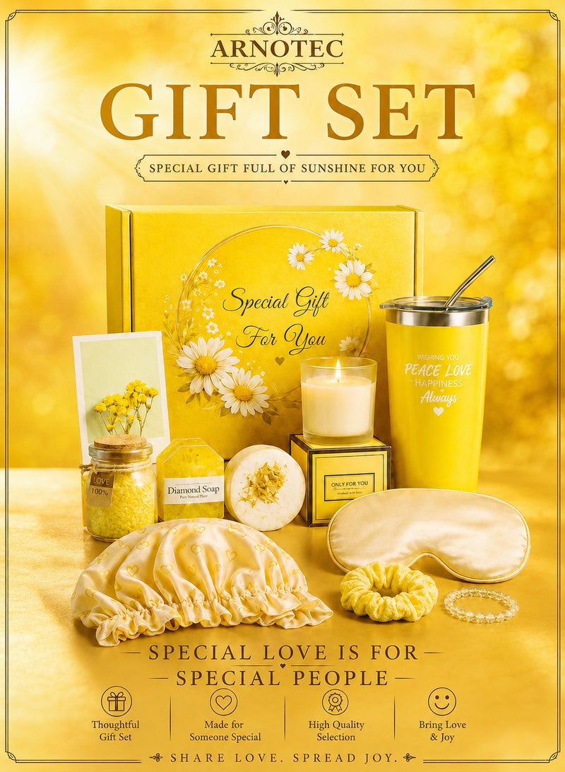 ARNOTEC Sunshine Spa Gift Set for Women, Luxury Relaxation Gift Basket with 20oz Tumbler, Candle, Bath Salts, Soap, Sleep Mask, Shower Cap, Greeting Card & Bracelet, Birthday Mother's Day Anniversary Gifts - Image 1