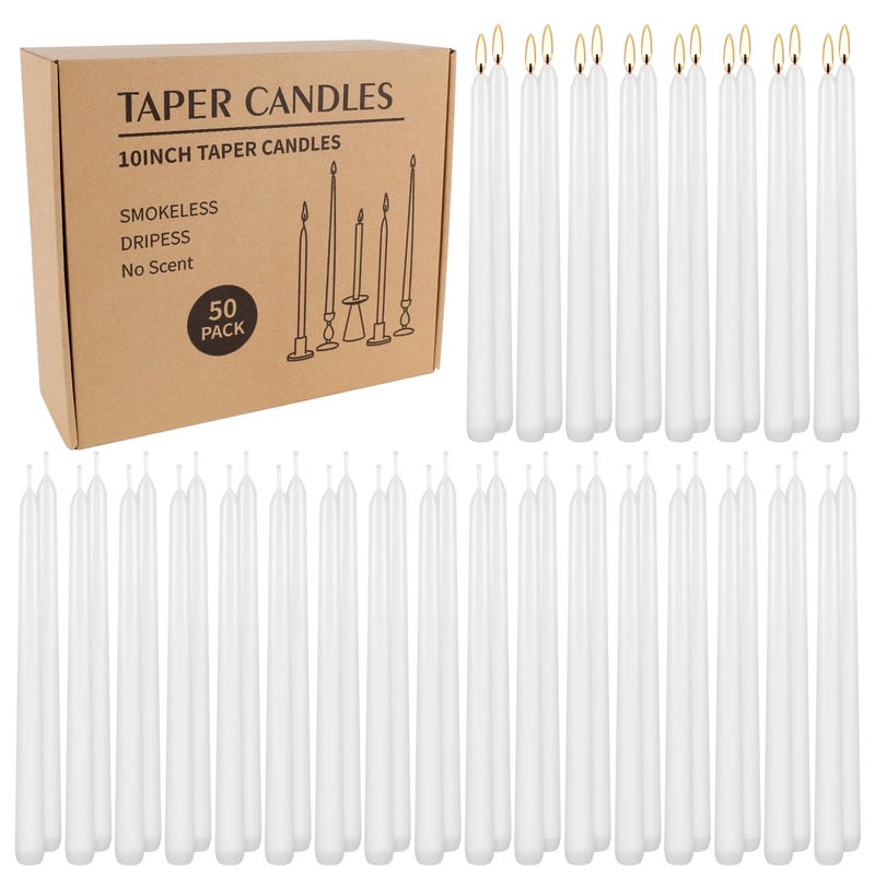 Grcdoyvl 50 Pack White Taper Candles - 10 Inch Classic Unscented Dinner Candles, Dripless Pure White Paraffin Wax with Cotton Wicks, 8-Hour Burn Time for Wedding, Christmas & Formal Dining Decor - Image 1
