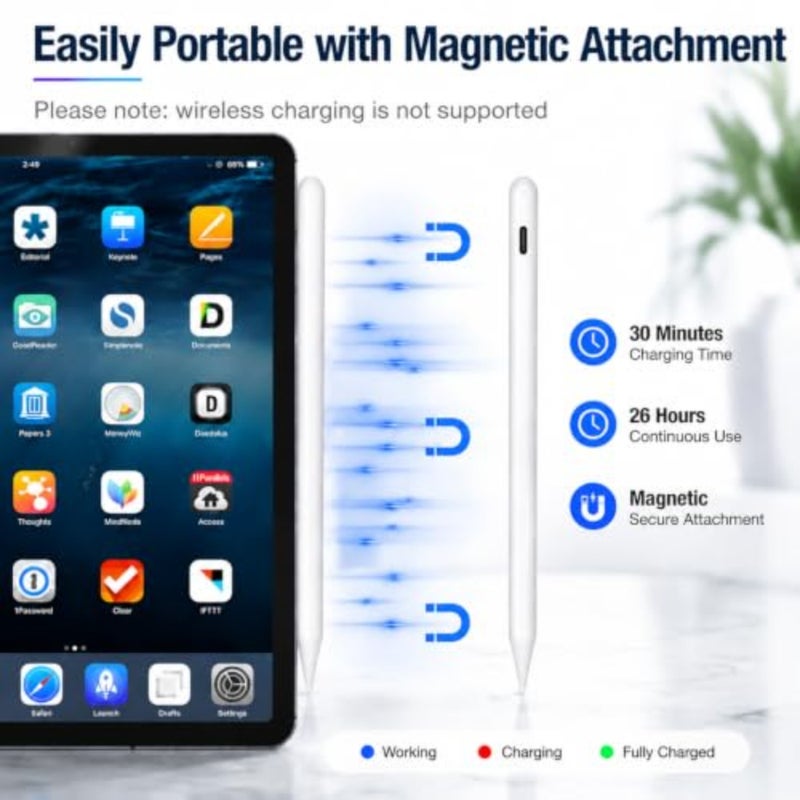 iPad Stylus Pencil 2018-2026 للفن الرقمي وتدوين الملاحظات، هيكل من سبائك الألومنيوم، لمسة نهائية سوداء غير لامعة، ملحق مغناطيسي، شحن سريع، دعم الإمالة، رفض راحة اليد، طرف قابل للاستبدال - Image 4
