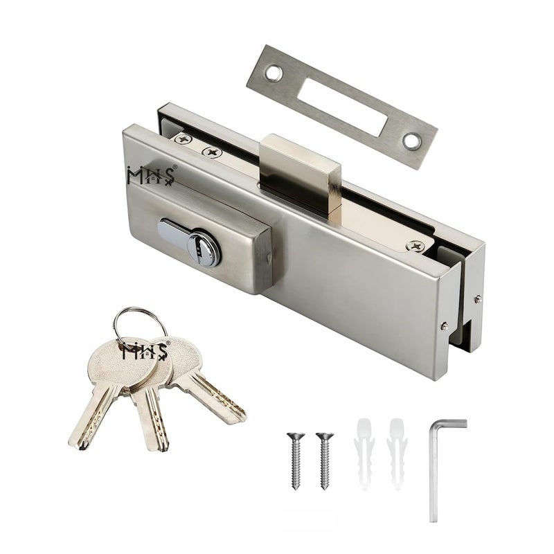 MHS MHS Heavy Duty Stainless Steel Lock for Glass Door Thickness 10 mm to 12 mm Having 3 Ultra Keys Out Side Knob Inside with Screws Satin Finish Pack of 1 Set Glass to Floor Silver  - Image 1