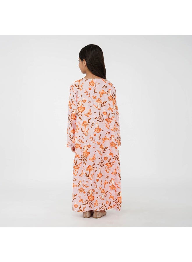 Linelle Printed Kids Jalabiya –  Maxi with Playful Forest Theme, V-Neck and Stone Embellishments - Image 1