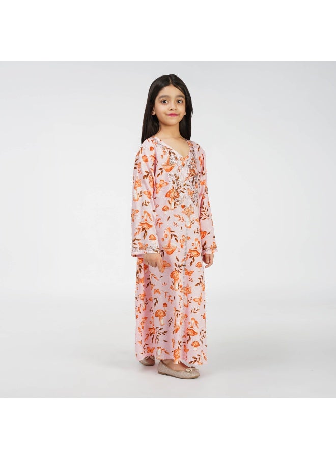 Linelle Printed Kids Jalabiya –  Maxi with Playful Forest Theme, V-Neck and Stone Embellishments - Image 3