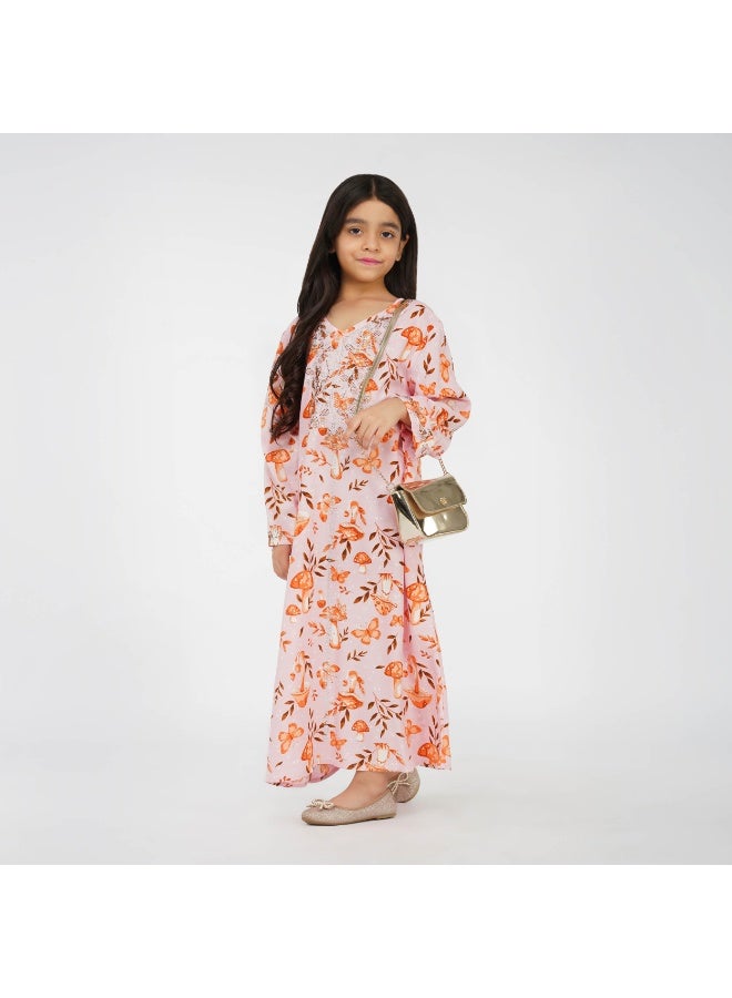 Linelle Printed Kids Jalabiya –  Maxi with Playful Forest Theme, V-Neck and Stone Embellishments - Image 2