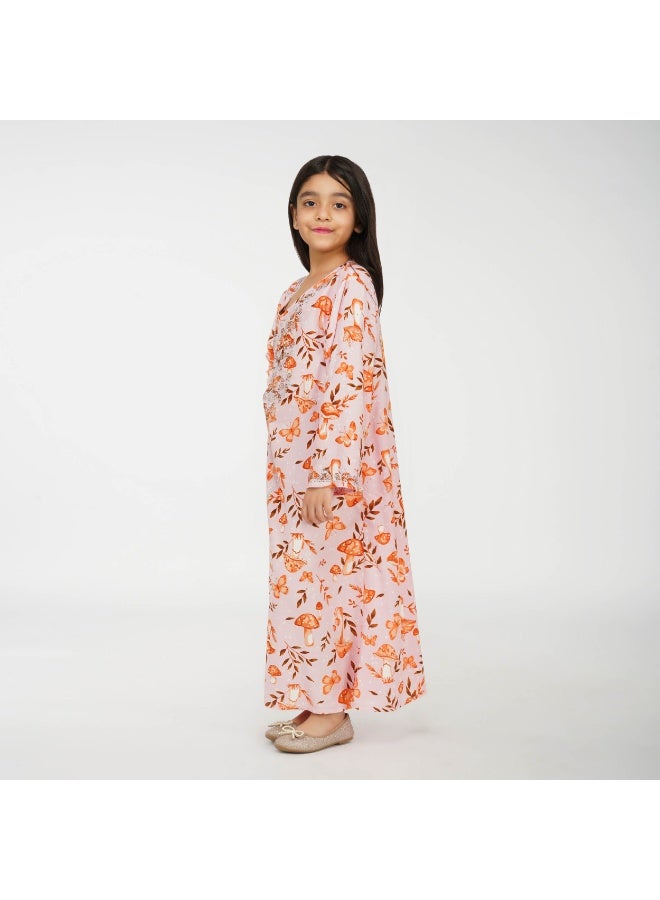 Linelle Printed Kids Jalabiya –  Maxi with Playful Forest Theme, V-Neck and Stone Embellishments - Image 4