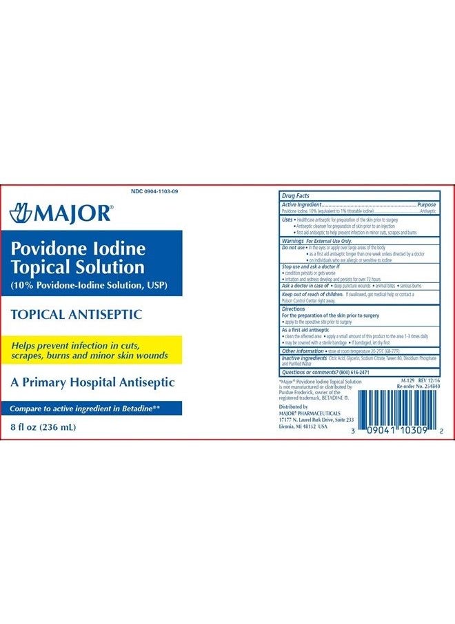 MAJOR - Povidone Iodine 10% Unflavored Solution, 8 Fl Oz - Image 1