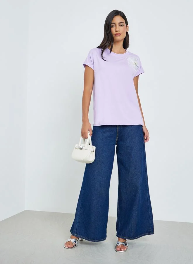 Styli Purple Sequin Flower Round Neck T-Shirt