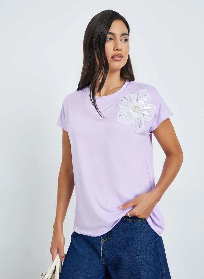Styli Purple Sequin Flower Round Neck T-Shirt