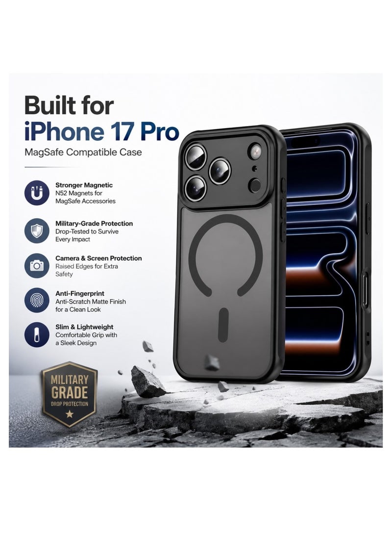 Reema iPhone 17 Pro Case Compatible with MagSafe & Magnetic Car Mount, Premium N52 Translucent Frosted Matte Black Phone 17 Pro Cover, Anti-Fingerprint Anti-Sweat Shockproof Slim Case for Apple iPhone 17 Pro 6.3 inch - Image 1
