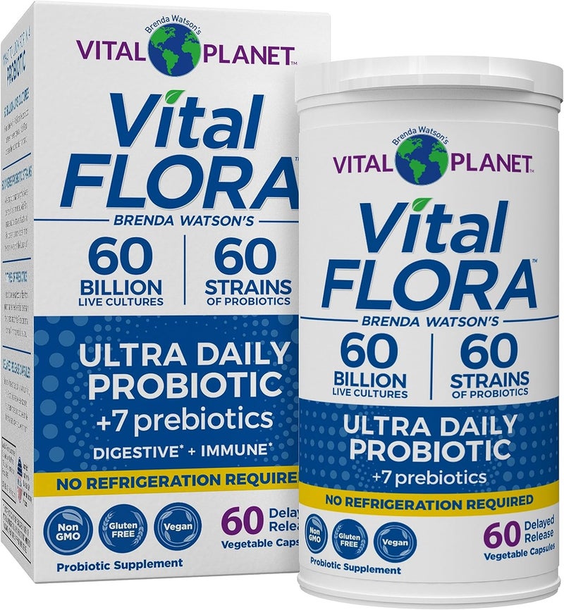 Vital Planet  Vital Flora Ultra Daily Probiotic 60 Billion CFU 60 Diverse Strains 7 Organic Prebiotics Immune Support Digestive Health Shelf Stable Probiotics for Women and Men 60 Capsules - Image 1