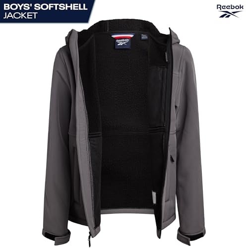 Reebok Boys Softshell Jacket - Soft Cozy Brushed Sherpa Fleece Lined Softshell Winter Coat Hooded Windbreaker Jacket for Boys, Size 18-20, Fog - Image 2