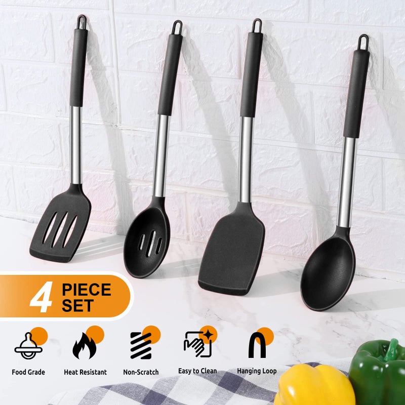 E-far Cooking Utensils Set of 4, Silicone Kitchen Utensils for Non-stick Cookware, Heat Resistant & Non-toxic Slotted Spatula Solid Spoon Turner for Flipping Mixing Serving Basting(Black) - Image 3