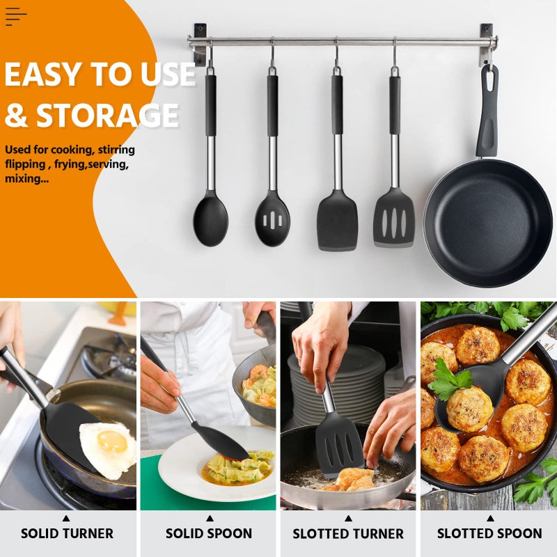 E-far Cooking Utensils Set of 4, Silicone Kitchen Utensils for Non-stick Cookware, Heat Resistant & Non-toxic Slotted Spatula Solid Spoon Turner for Flipping Mixing Serving Basting(Black) - Image 5