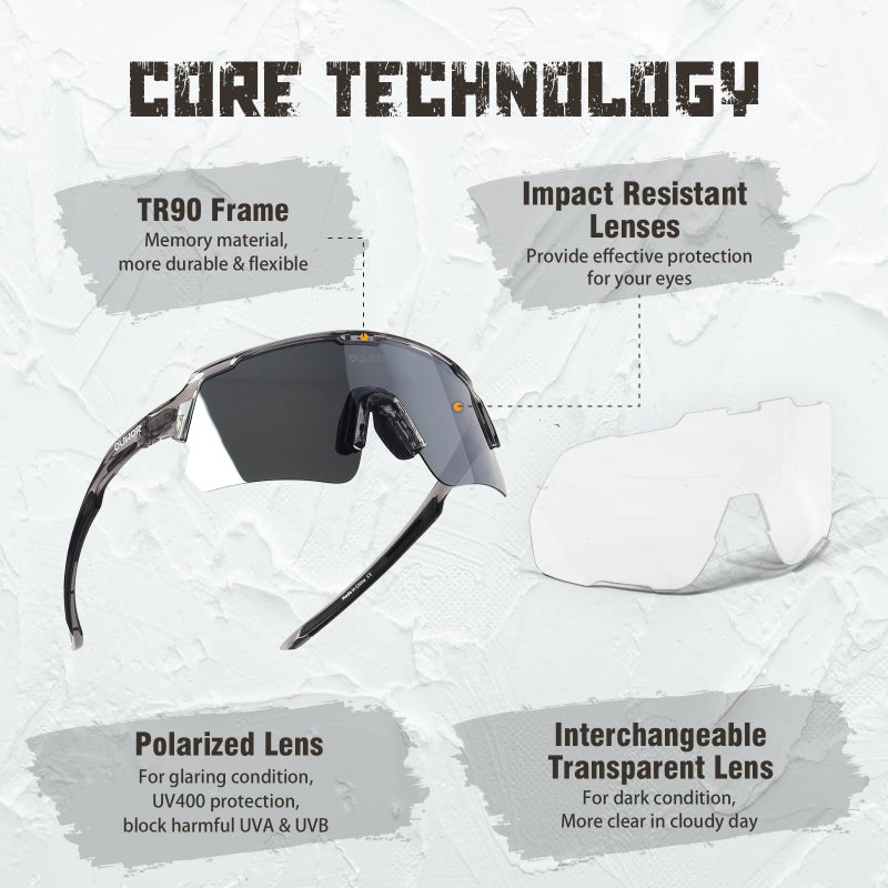 OUWOR Polarized Cycling Glasses for Men Women Youth, UV400 Mountain Bike Sunglasses for Bicycle Mtb Running Fishing Baseball Hiking (Translucent & Gray) - Image 2