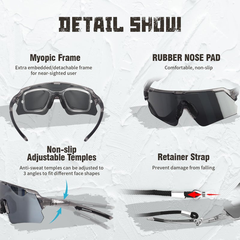 OUWOR Polarized Cycling Glasses for Men Women Youth, UV400 Mountain Bike Sunglasses for Bicycle Mtb Running Fishing Baseball Hiking (Translucent & Gray) - Image 3