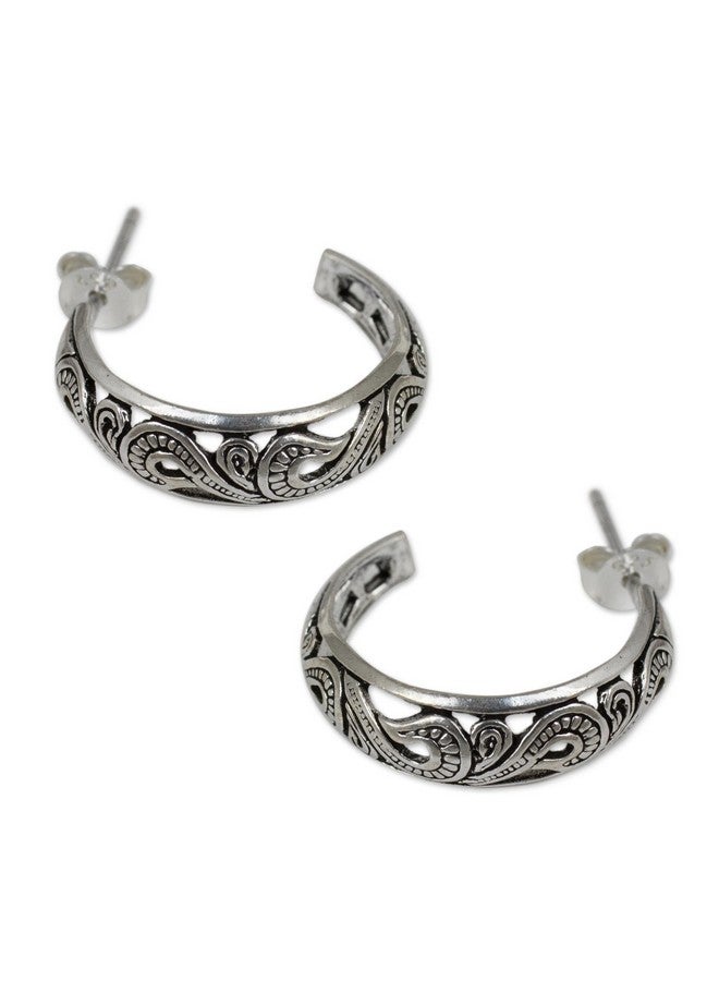 NOVICA Artisan Handmade .925 Sterling Silver Half Hoop Earrings Thailand 'Moon In The Forest' - Image 1