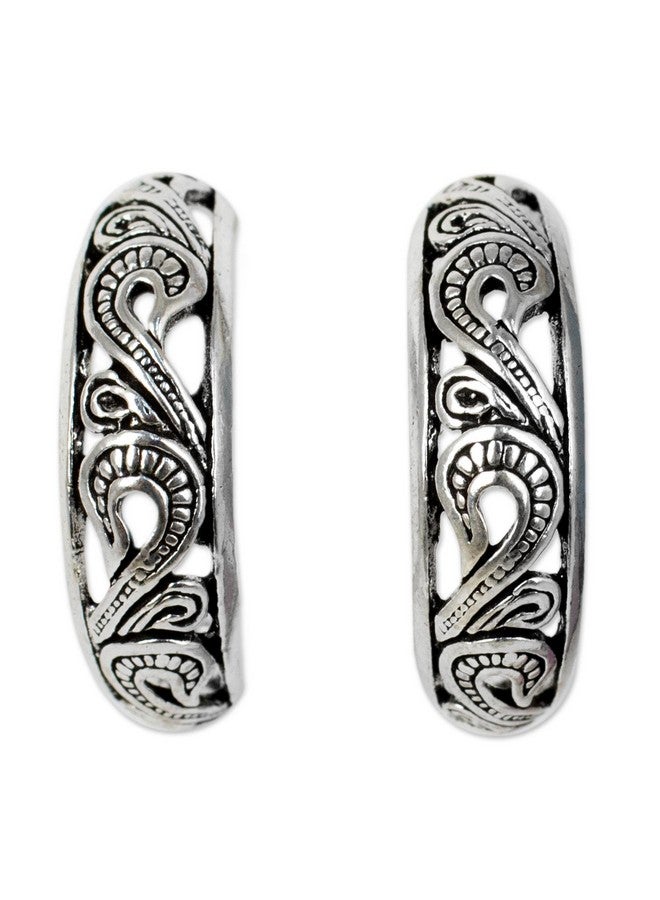 NOVICA Artisan Handmade .925 Sterling Silver Half Hoop Earrings Thailand 'Moon In The Forest' - Image 2