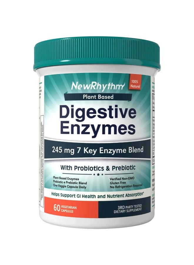 NewRhythm Digestive Enzymes 245 mg, with Probiotics and Prebiotics, Plant-Based 7 Key Enzymes, Digestion, Nutrient Absorption, Protease, Amylase and Lipase 60 Ve - Image 1