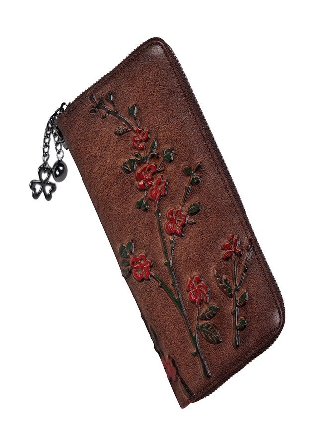 SHARPAD Wallet Genuine Leather for Women - with RFID Blocking Card checkbook ID Slot Large Capacity Vintage style (flower coffee) - Image 1
