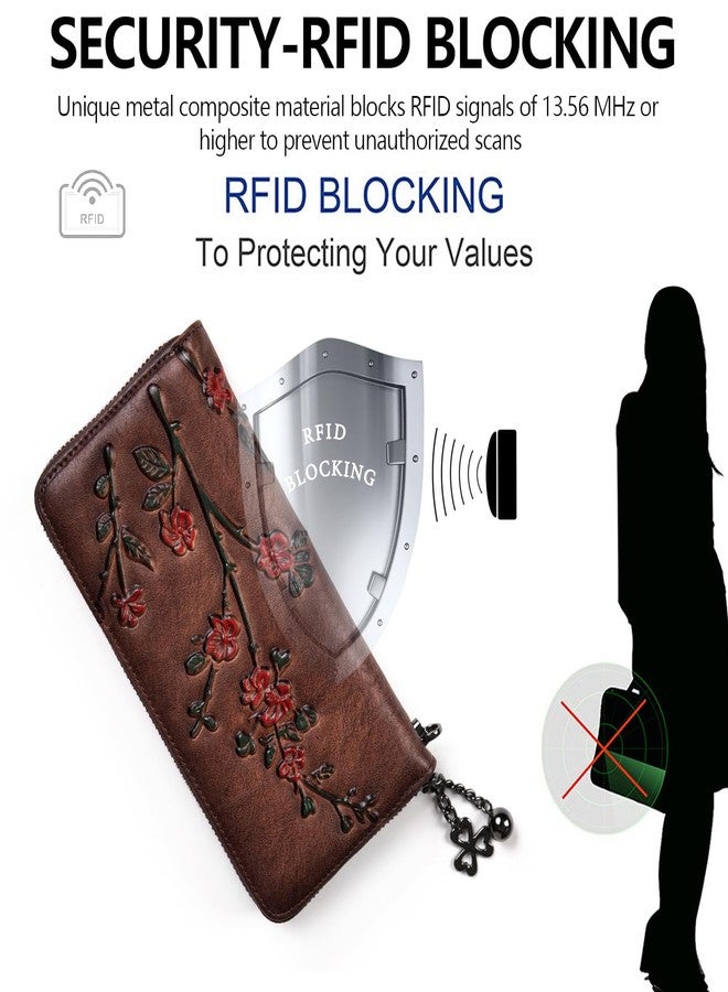 SHARPAD Wallet Genuine Leather for Women - with RFID Blocking Card checkbook ID Slot Large Capacity Vintage style (flower coffee) - Image 2